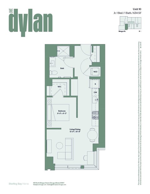 Floor plan for studio, 1 bath, 634 sqft